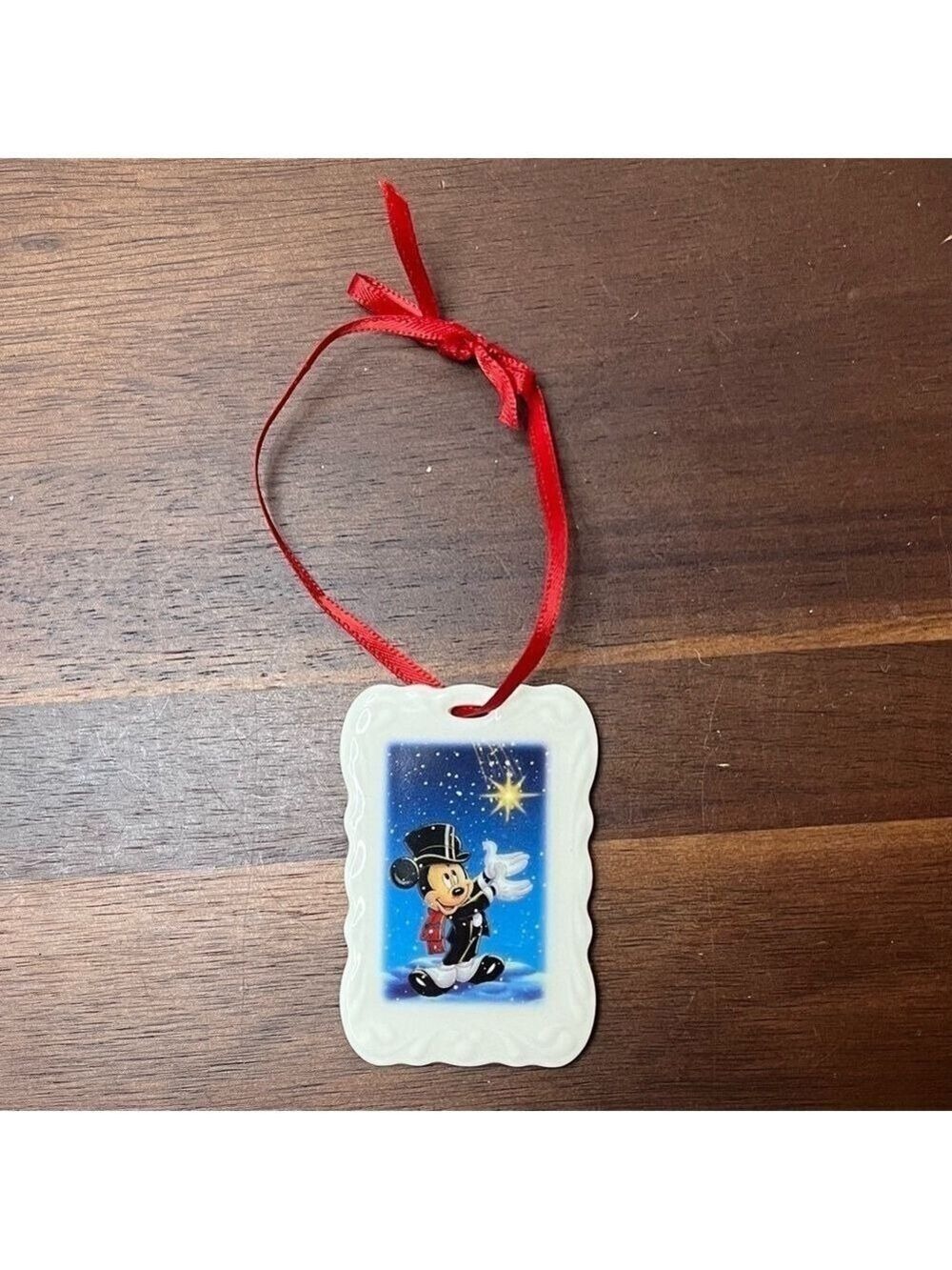 Vintage 2001 Disney Mickey’s Magical Christmas Ornament Ceramic Tag Red Ribbon